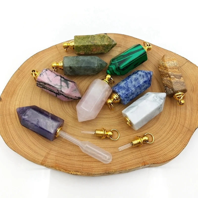Crystal Quartz Perfume Bottle Pendant with Stainless Steel Vial