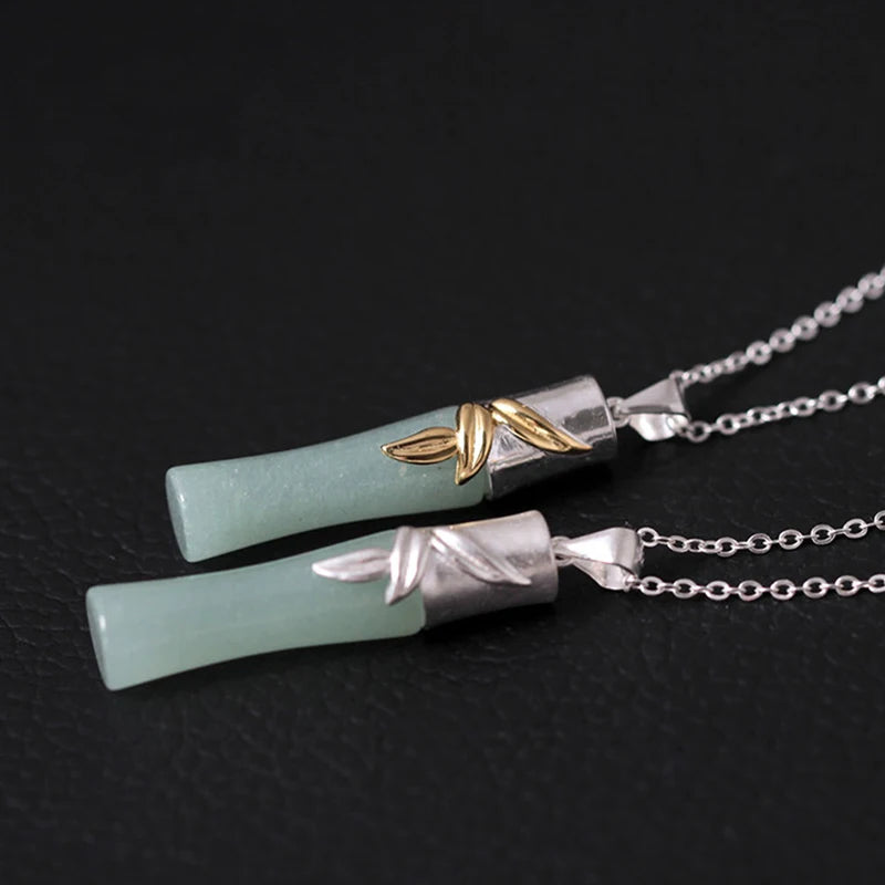 Green Jade Bamboo Necklace 925 Sterling Silver Women's Jewelry
