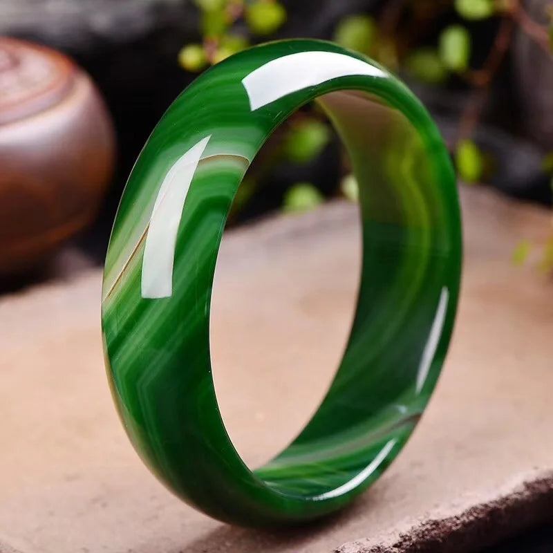 Green Agate Chalcedony Bangle for Women - Retro Jade Bracelet