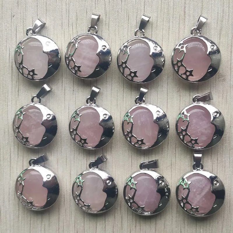Pink Quartz Stone Moon Star Pendants for DIY Jewelry Making