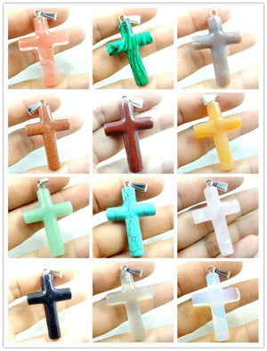 Natural Stone Quartz Crystal Turquoise Tiger Eye Cross Charms Pendant