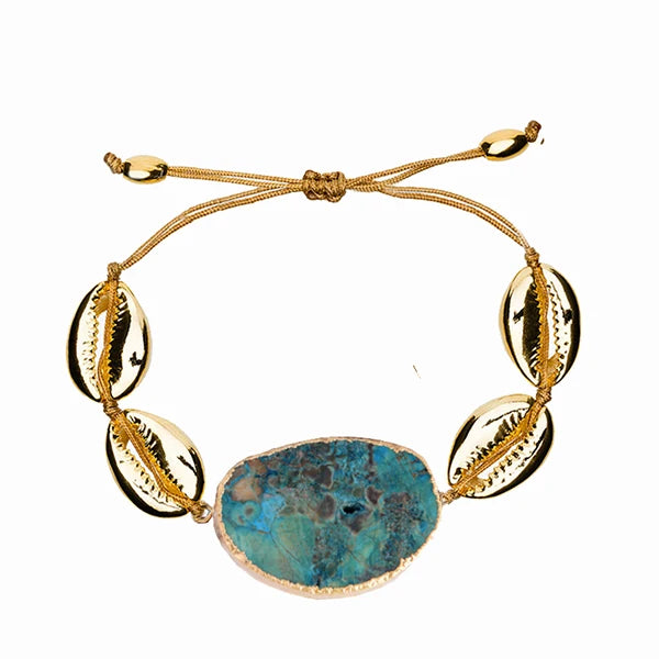 Natural Stone Cowries Shell Bracelet Green Bohemian Boho Armband