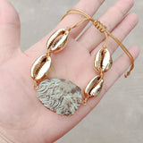Natural Stone Cowries Shell Bracelet Green Bohemian Boho Armband