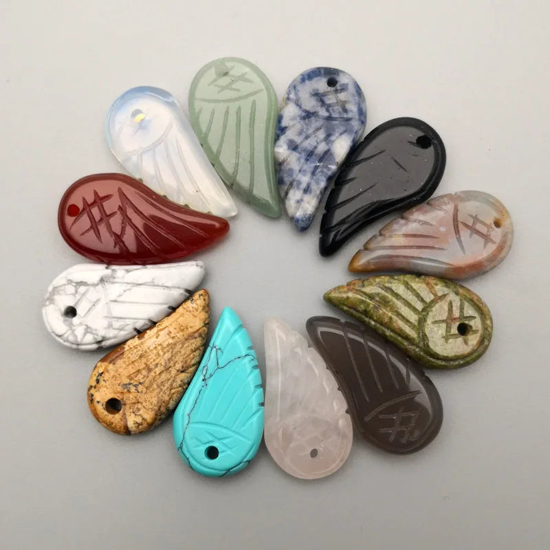 Natural Stone Pendant Angel Wings Carving Pendants Necklace Mixed 30x15MM 12pcs
