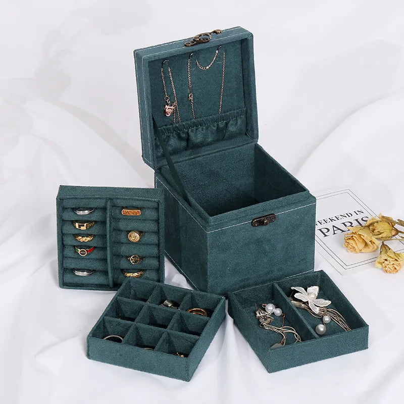 Green 3-Layer Flannel Jewelry Organizer Box Large Capacity With Lock
