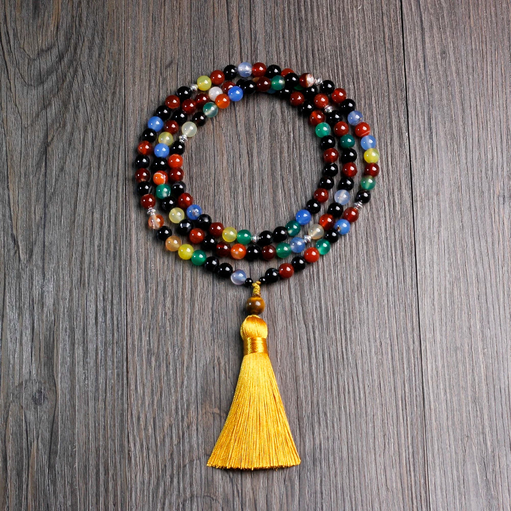 Colored Agate Beads Necklace with Tibetan Tassel