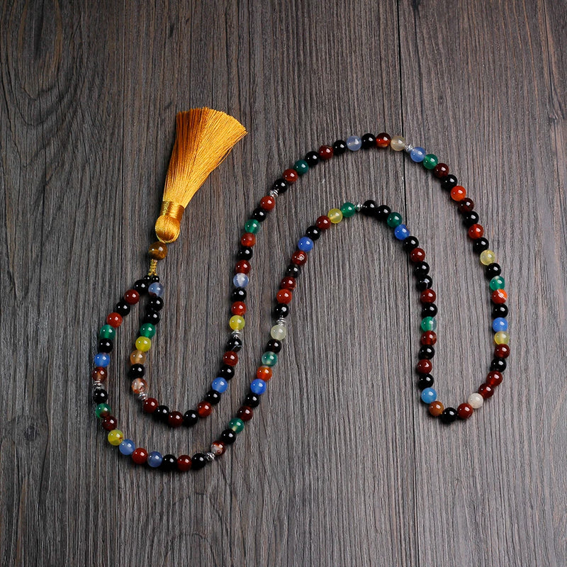 Colored Agate Beads Necklace with Tibetan Tassel