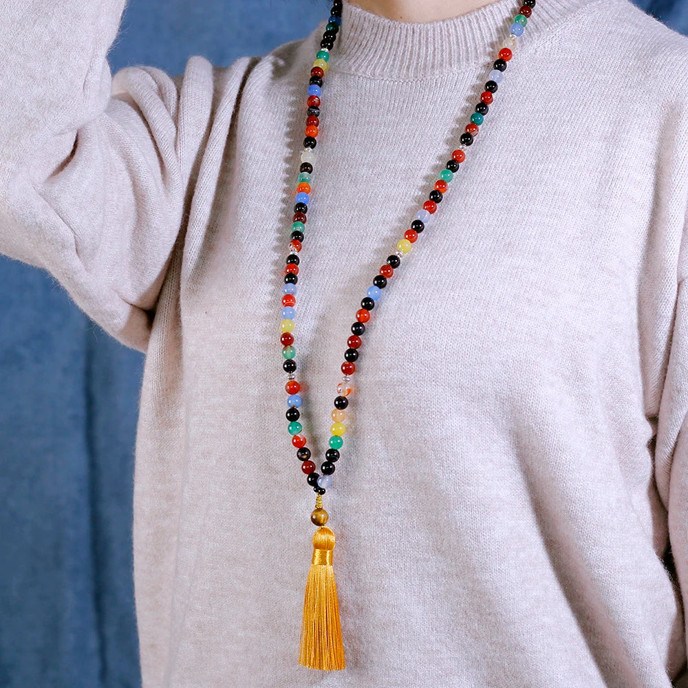 Colored Agate Beads Necklace with Tibetan Tassel