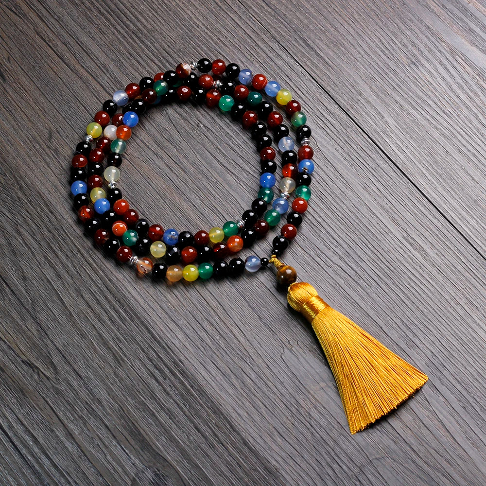 Colored Agate Beads Necklace with Tibetan Tassel