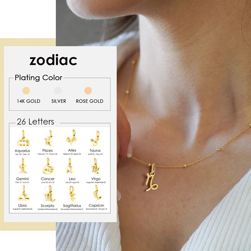 Stainless Steel 12 Constellation Pendant Necklace Golden Zodiac Charms Jewelry