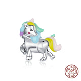 925 Silver Rainbow Pony Charm Bangle Bracelet Bead Jewelry DIY