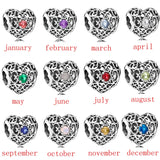 12 Month Birthday Stone Heart Charm for 925 Silver Bracelet
