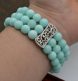 Women's 3-Row Natural 8mm Green Jade Beads Stretch Bracelet