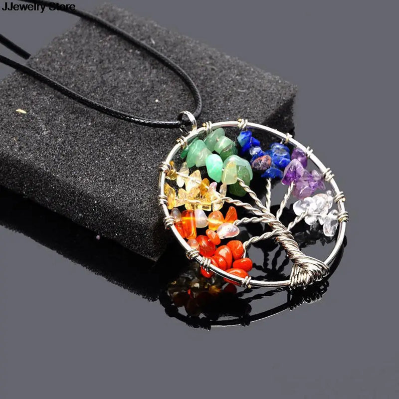 7 Chakra Tree Of Life Pendant Necklace Copper Crystal Natural Stone Women Gift