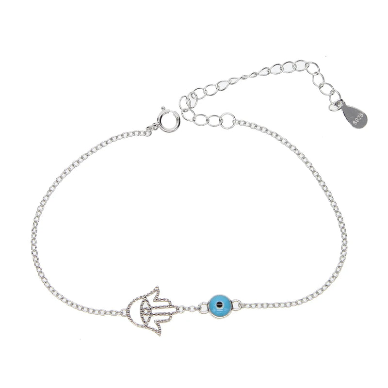 925 Silver Hamsa Hand Evil Eye Bracelet Turkey Good Luck cz Chain Link