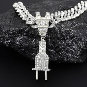 Hip Hop PLUG Letter Pendant Necklace with Crystal Cuban Chain