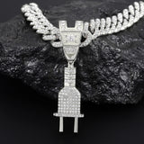 Hip Hop PLUG Letter Pendant Necklace with Crystal Cuban Chain