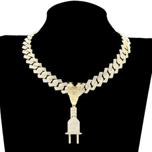 Hip Hop PLUG Letter Pendant Necklace with Crystal Cuban Chain