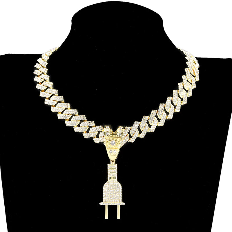 Hip Hop PLUG Letter Pendant Necklace with Crystal Cuban Chain