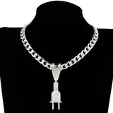 Hip Hop PLUG Letter Pendant Necklace with Crystal Cuban Chain