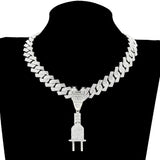 Hip Hop PLUG Letter Pendant Necklace with Crystal Cuban Chain