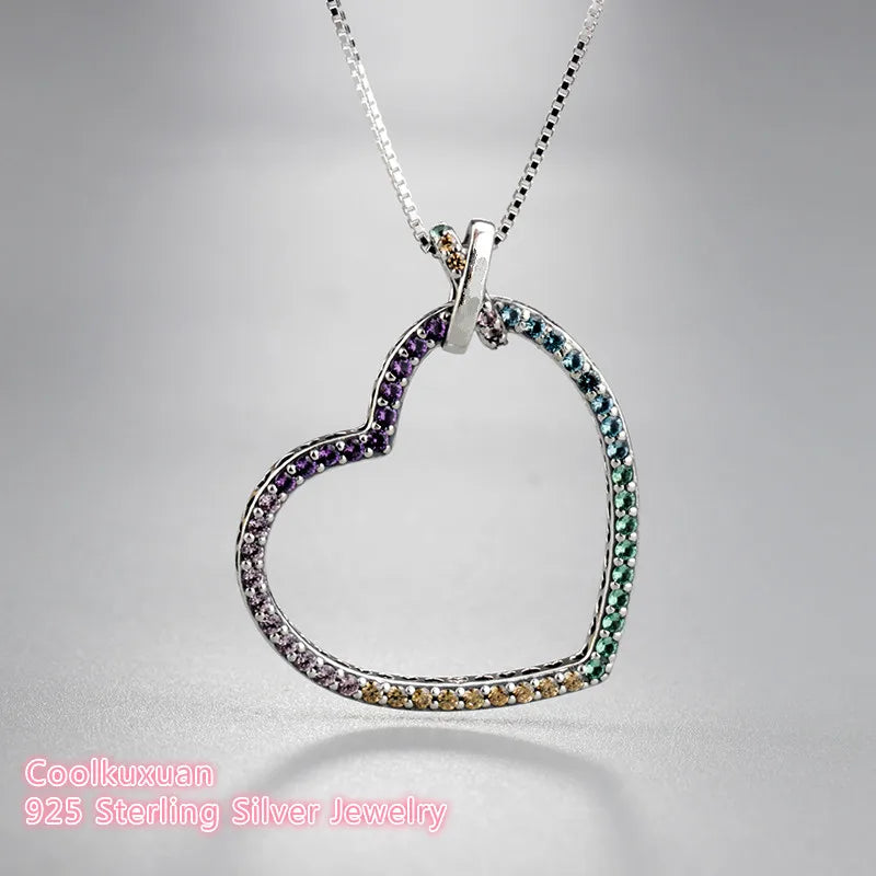 Colorful Heart Necklace 925 Sterling Silver Women's Jewelry