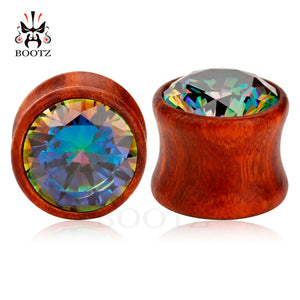 Wood Zircon Stone Ear Plugs Tunnel Piercing Jewelry Pair 2Pcs Ear Gauges