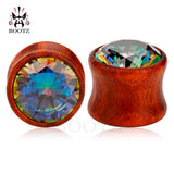 Wood Zircon Stone Ear Plugs Tunnel Piercing Jewelry Pair 2Pcs Ear Gauges