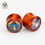 Wood Zircon Stone Ear Plugs Tunnel Piercing Jewelry Pair 2Pcs Ear Gauges