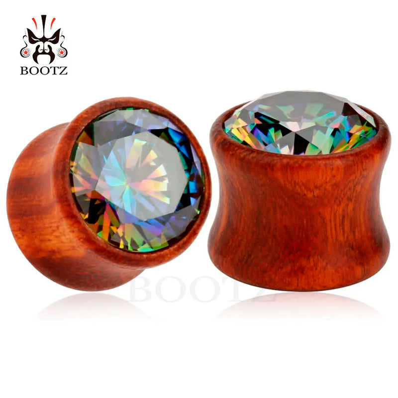 Wood Zircon Stone Ear Plugs Tunnel Piercing Jewelry Pair 2Pcs Ear Gauges