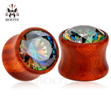 Wood Zircon Stone Ear Plugs Tunnel Piercing Jewelry Pair 2Pcs Ear Gauges