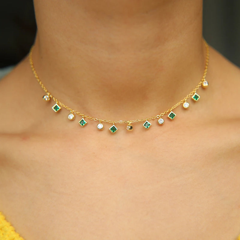 Green Crystal CZ Drop Square Charm Necklace for Women Choker Wedding Jewelry