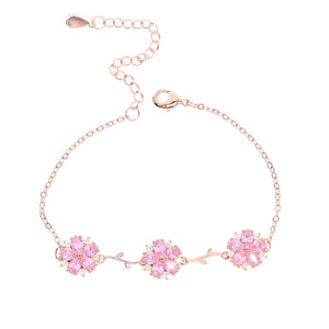 925 Silver Pink Flower Bracelets Gold/Silver for Women Girl Kids Birthday