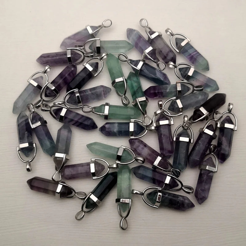 Fluorite Stone Crystal Pillar Pendants for Jewelry Making - 24pcs/lot