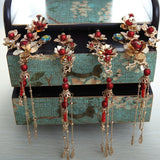 Chinese Crown Tassel Hair Sticks Red Pearls Tiara Wedding Headdress
