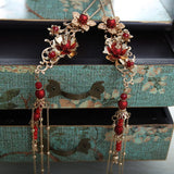 Chinese Crown Tassel Hair Sticks Red Pearls Tiara Wedding Headdress