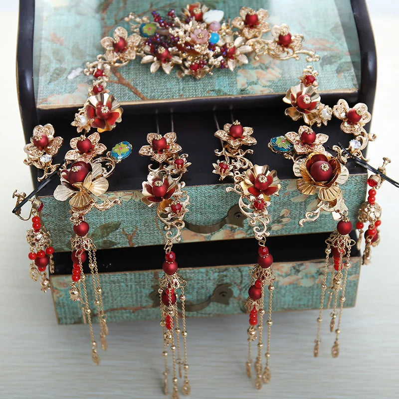 Chinese Crown Tassel Hair Sticks Red Pearls Tiara Wedding Headdress