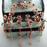 Chinese Crown Tassel Hair Sticks Red Pearls Tiara Wedding Headdress