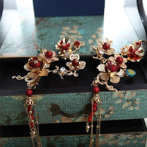 Chinese Crown Tassel Hair Sticks Red Pearls Tiara Wedding Headdress