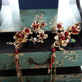 Chinese Crown Tassel Hair Sticks Red Pearls Tiara Wedding Headdress