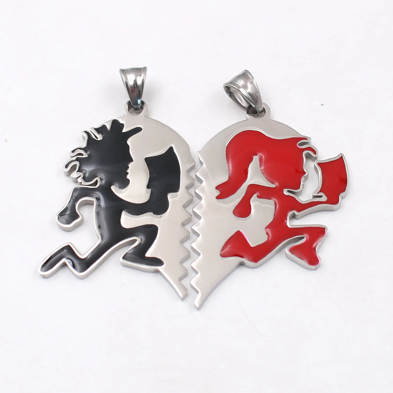 Pair Couple Heart Stainless Steel ICP Clown Heart Pendant Necklace