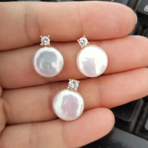 FRESHWATER PEARL earrings & s925 stud coin 12-13mm beads nature AA