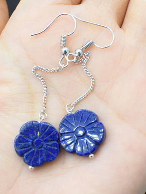 Lapis Carved Flower Earrings 15-16mm Beads