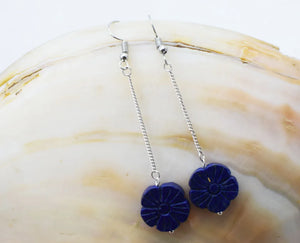 Lapis Carved Flower Earrings 15-16mm Beads