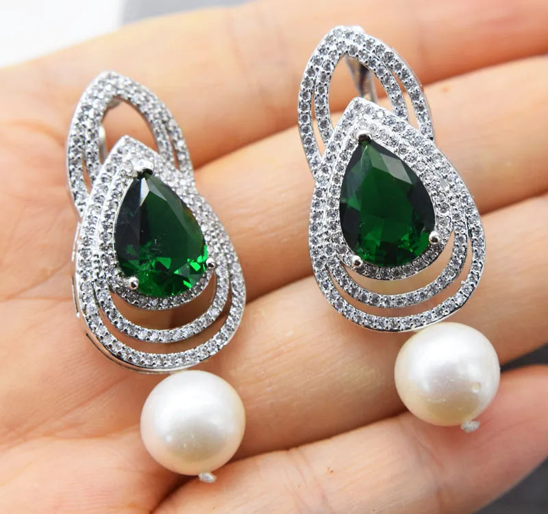 Freshwater Pearl Green Zircon Earrings Nature Beads