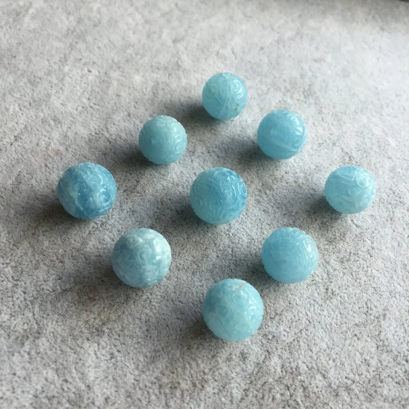 Aquamarine Carved Round Beads 10/12/14/16MM DIY Jewelry