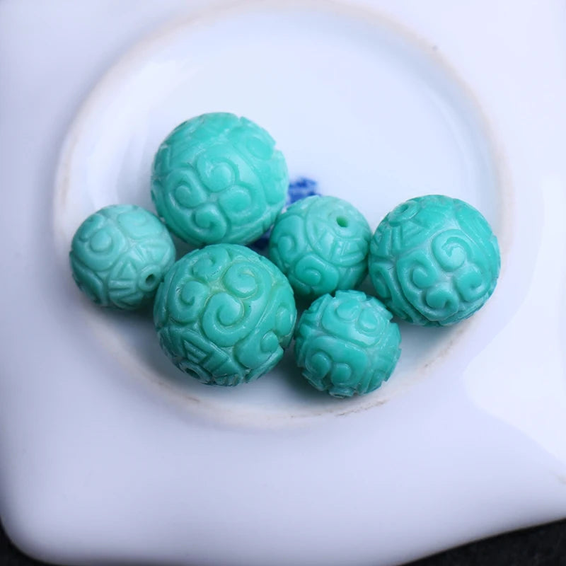 Turquoise Green Round Carved Full Hole Loose Beads 10/12/14/16