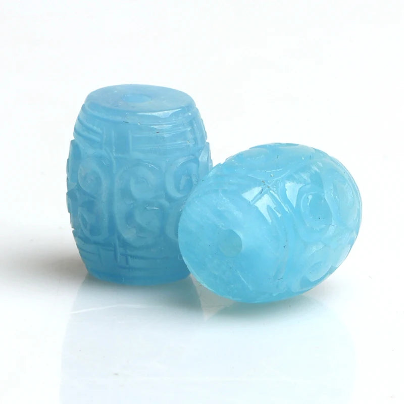 One Piece Aquamarine Pillar Shape 10*14mm Carved Flower Loose Beads