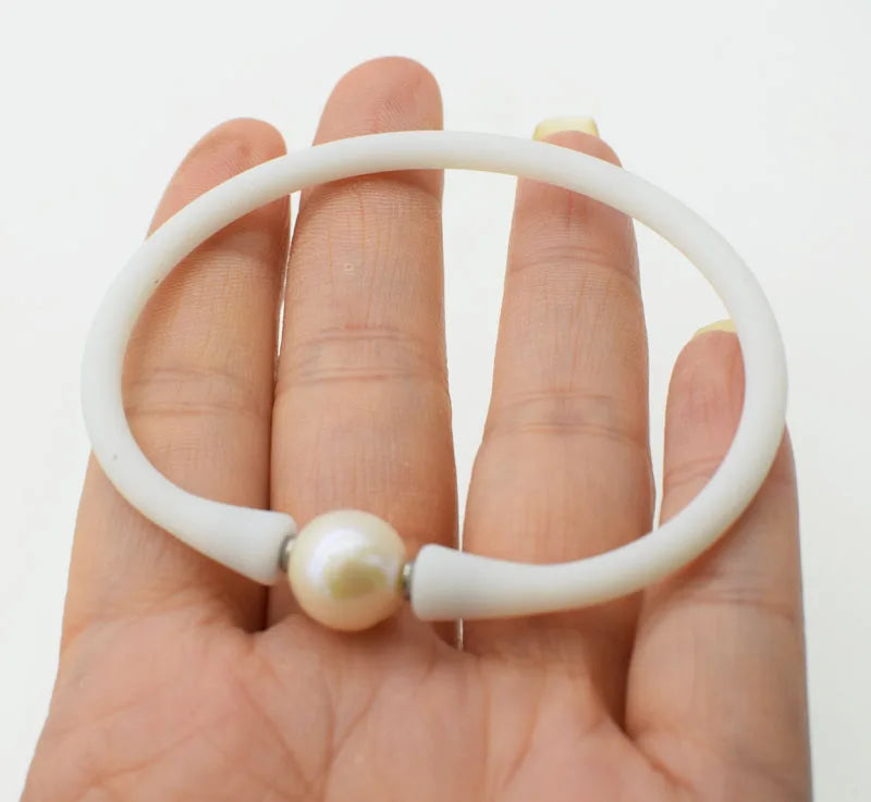 Freshwater Pearl Bracelet 10-11mm White/Gray/Golden Silicone 7.5inch