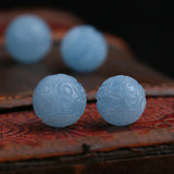 Carved Round Aquamarine Loose Beads for Jewelry Necklace